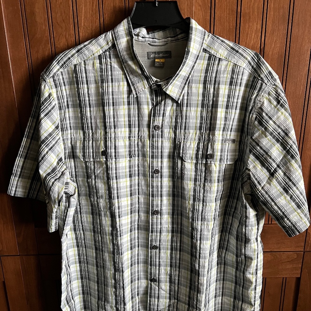 Eddie Bauer Plaid TRAVEX Short Sleeve Button Front Shirt Mens Size TXL